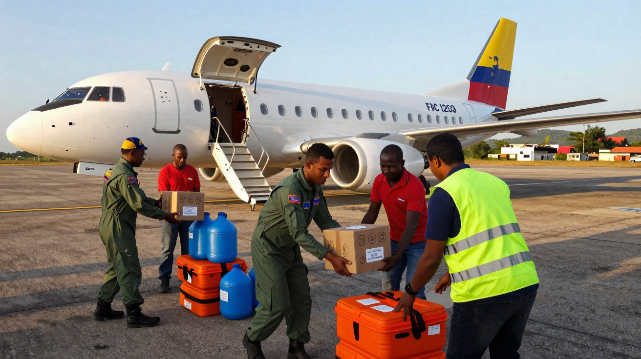 Equipe descarregando caixas e recipientes de água de um avião branco com bandeira da Colômbia na pista.
