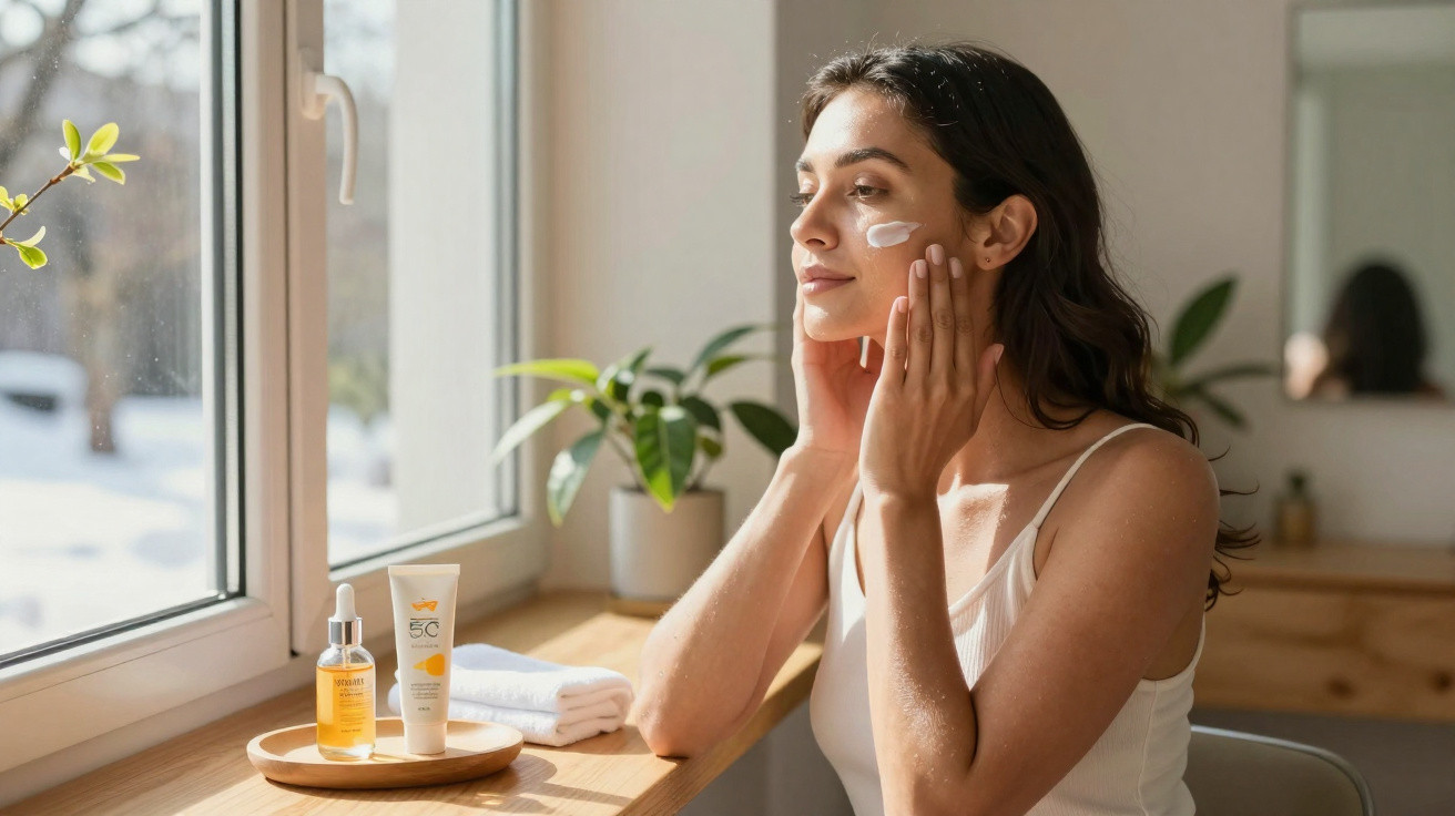 Mulher aplicando protetor solar no rosto sentada próxima à janela com produtos de skincare à frente.