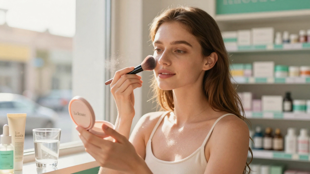Mulher aplicando pó facial com pincel enquanto se olha no espelho na janela de loja de cosméticos.