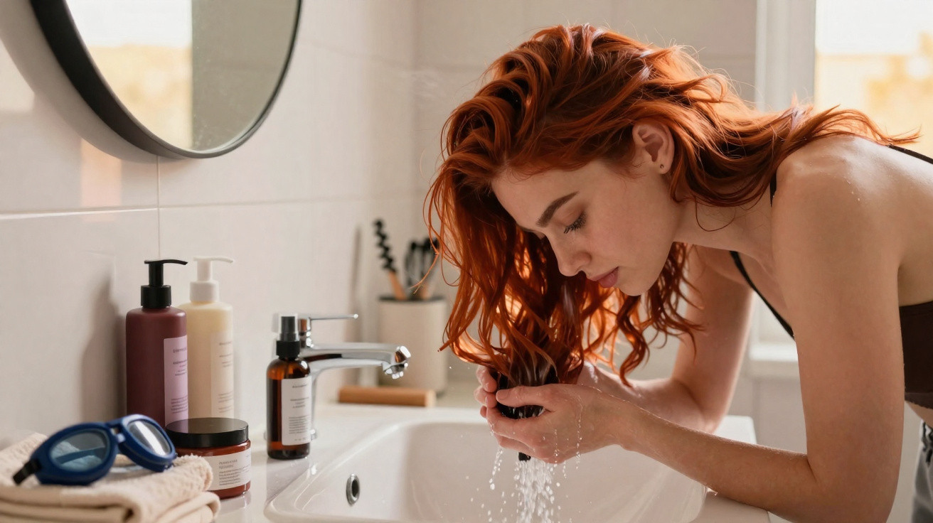 Mulher ruiva lavando o rosto com água na pia de banheiro iluminado.