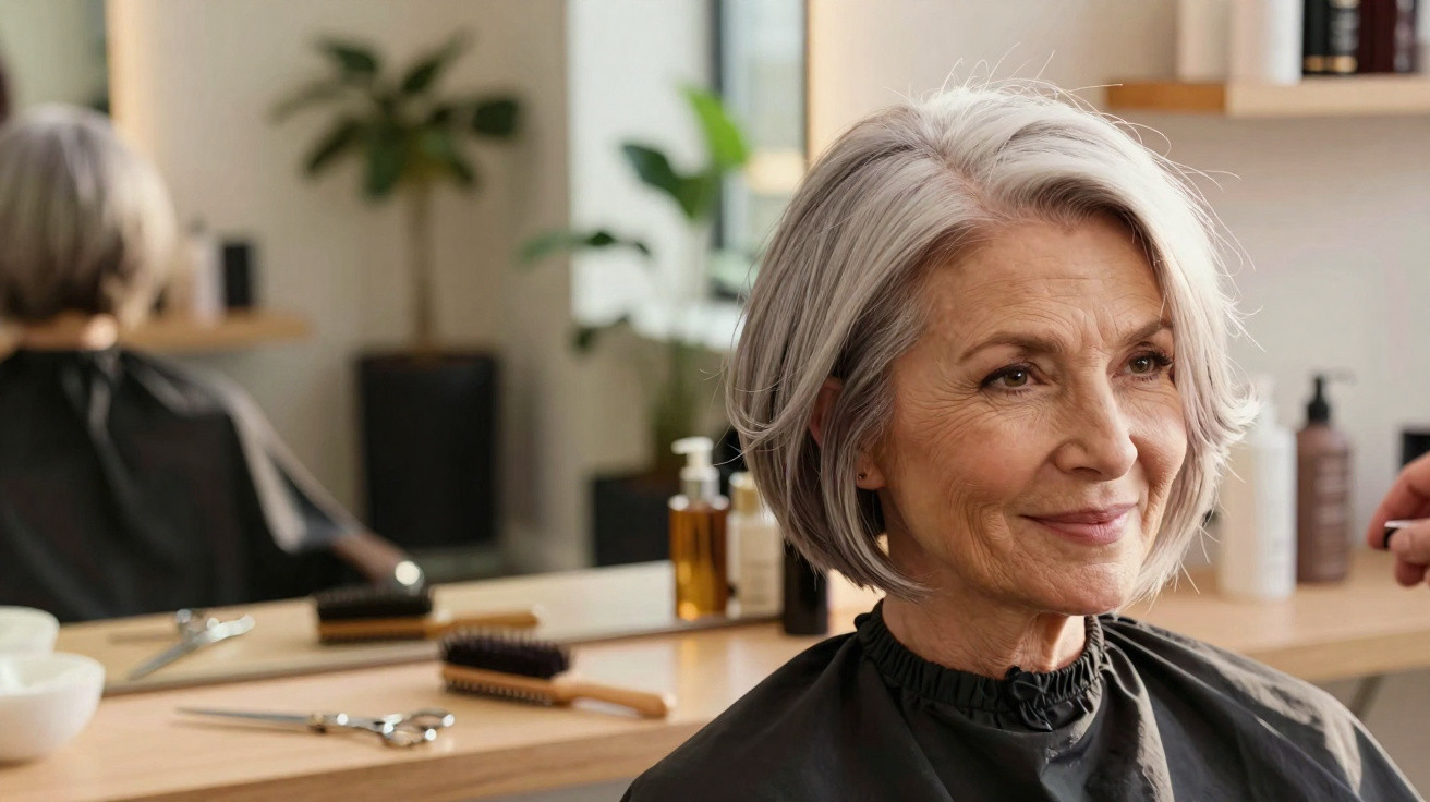 Mulher idosa sorrindo sentada em cadeira de salão de cabeleireiro durante corte de cabelo.