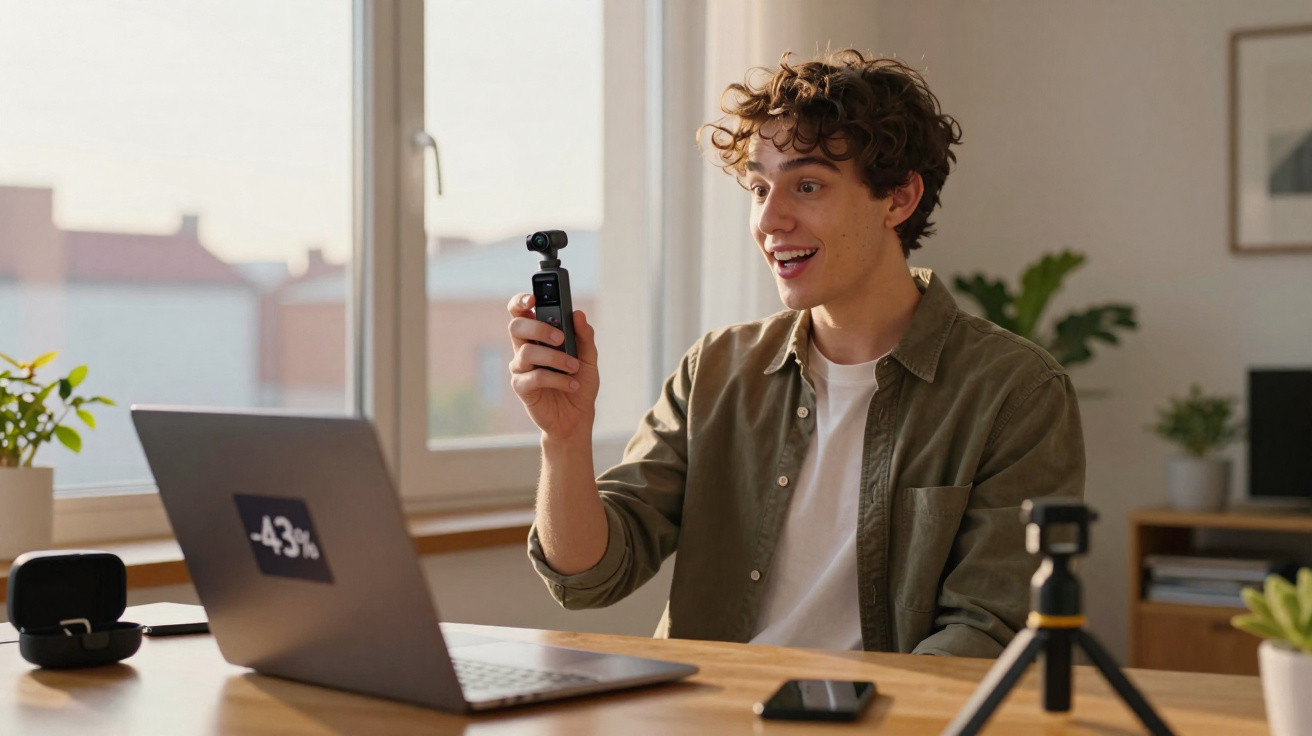 Jovem sorridente segurando câmera portátil em frente ao laptop em ambiente doméstico iluminado.