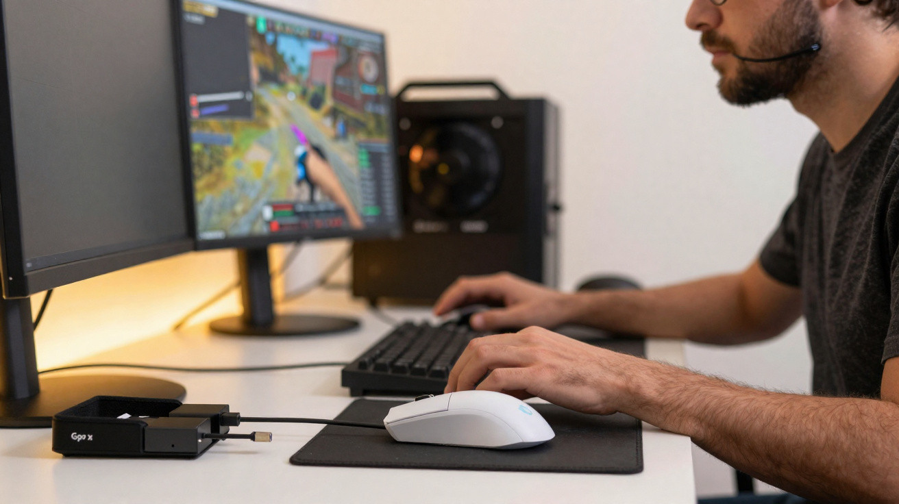 Jovem com headset jogando videogame em computador com dois monitores em mesa branca.