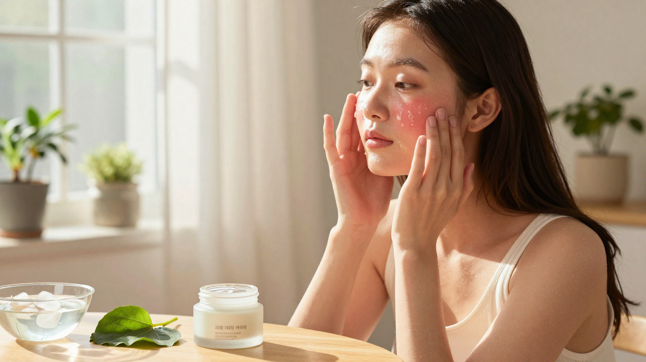Jovem mulher aplicando creme facial em pele sensível com vermelhidão em ambiente claro e tranquilo.
