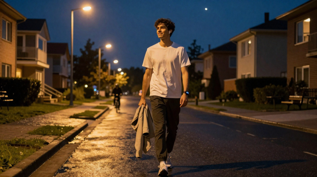 Jovem caminhando à noite em rua residencial, segurando casaco e com um ciclista ao fundo.