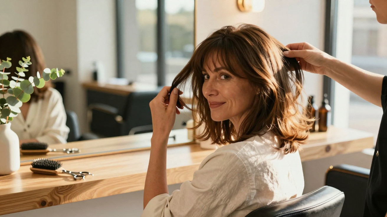 Mulher sorrindo ao receber um corte de cabelo em salão moderno com luz natural e espelho.