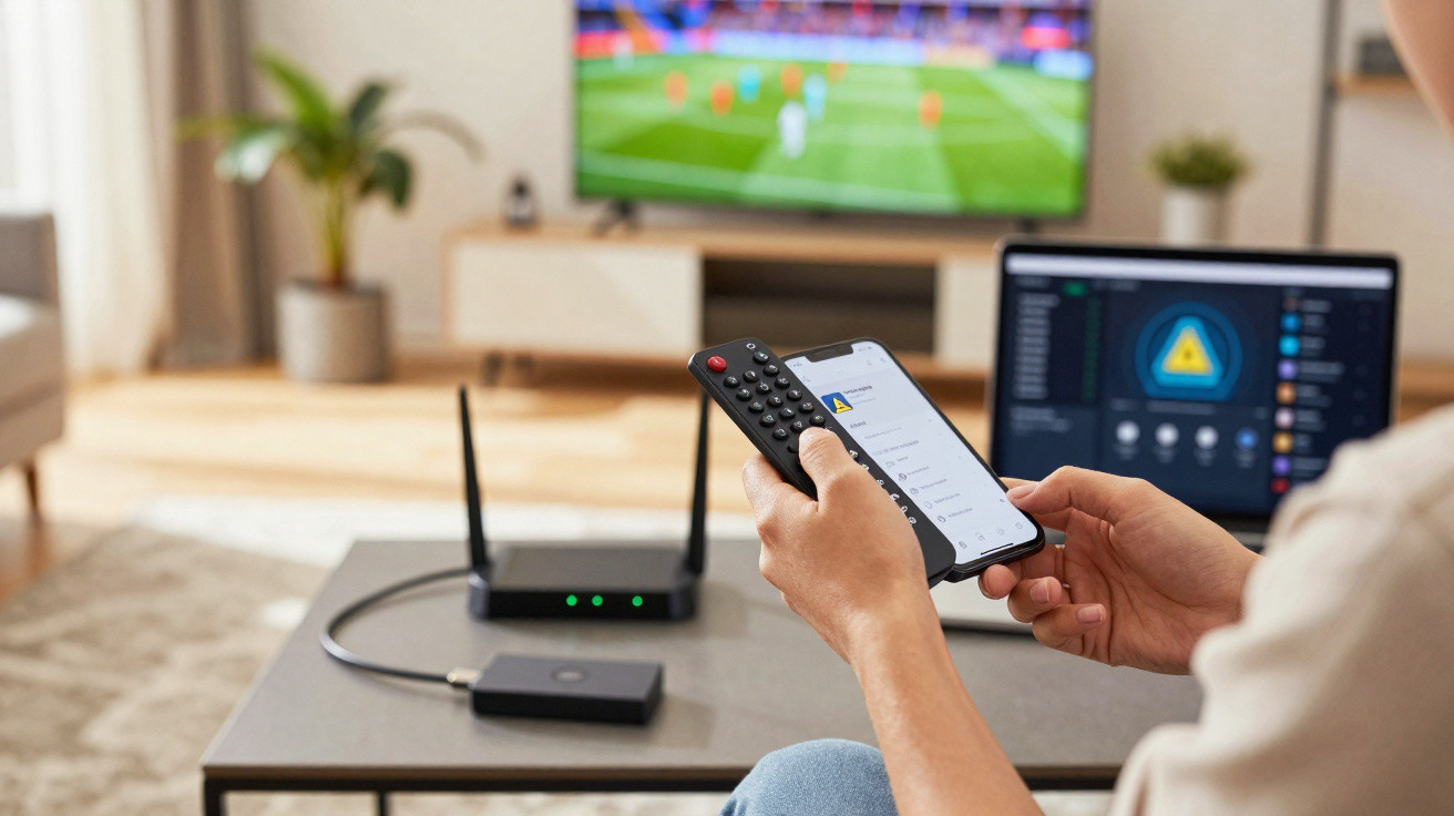 Pessoa segurando controle remoto e celular com roteador e TV de futebol ao fundo em sala.