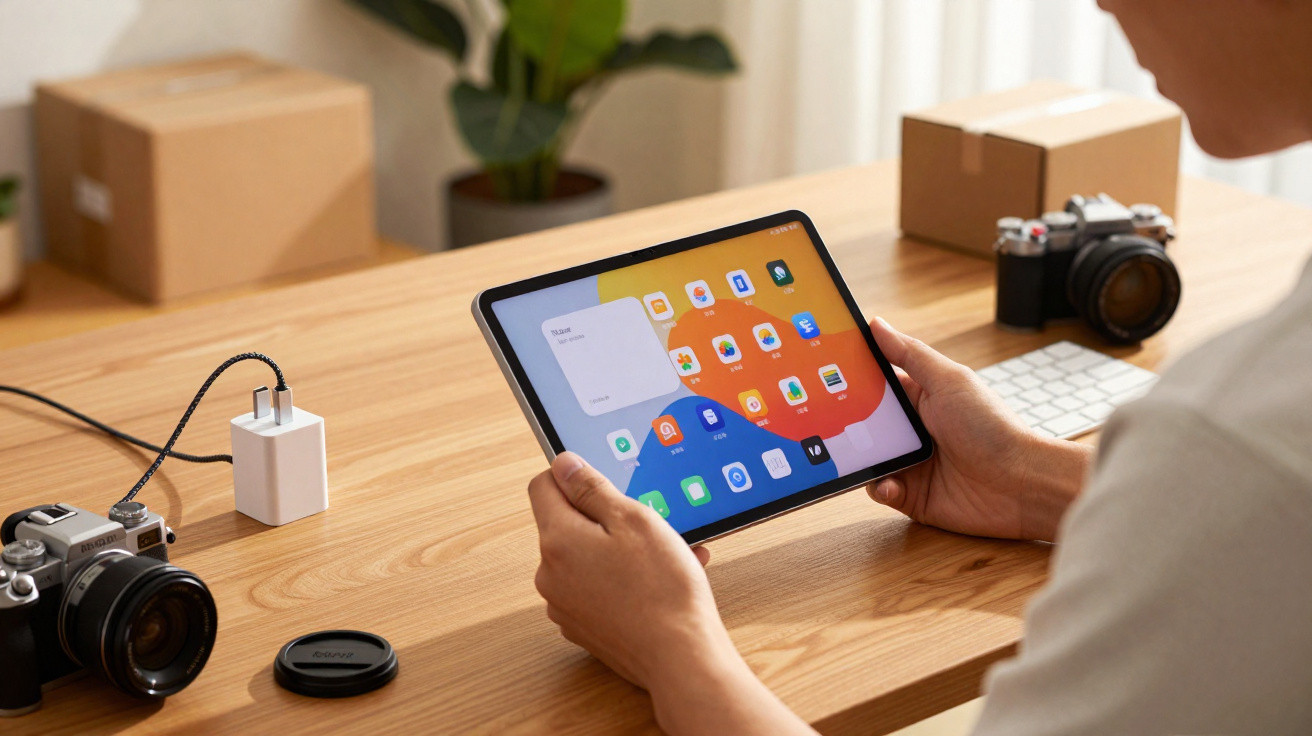 Pessoa segurando tablet com apps na tela, em mesa de madeira com câmera fotográfica e carregador.