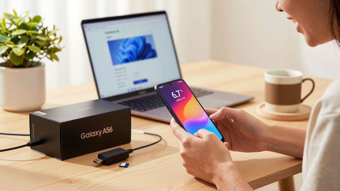 Pessoa segurando smartphone Galaxy A56 em mesa com caixa, notebook e xícara de café ao fundo.
