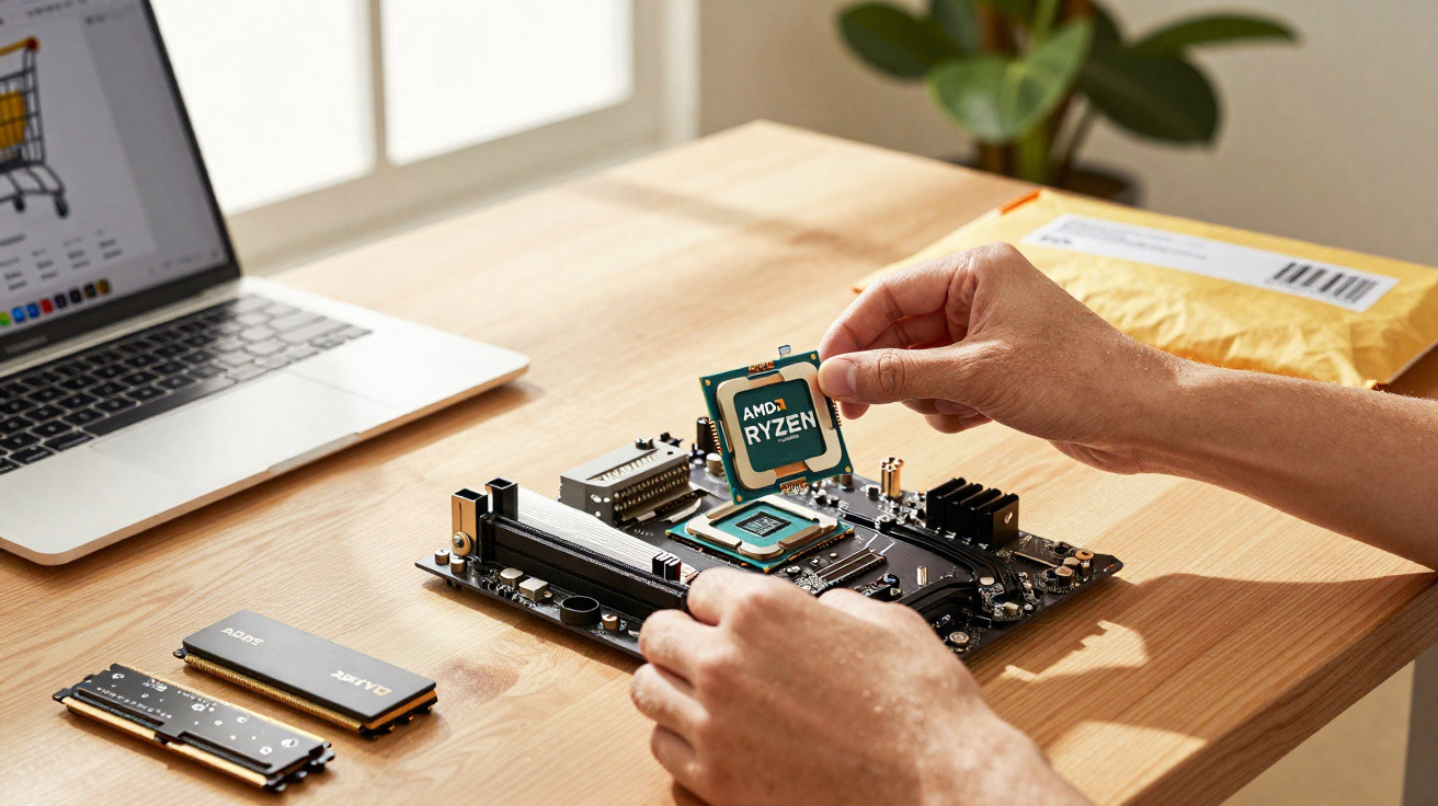 Pessoa instalando processador AMD Ryzen em placa-mãe sobre mesa com notebook e componentes eletrônicos.