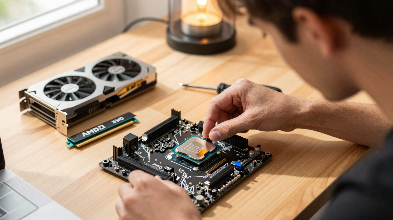 Pessoa instalando processador em placa-mãe com placa de vídeo e memória RAM AMD ao lado em mesa de madeira.