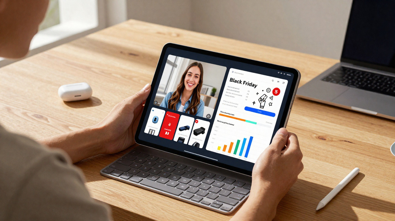 Pessoa usando tablet com teclado para videoconferência e análise de gráficos de vendas Black Friday.