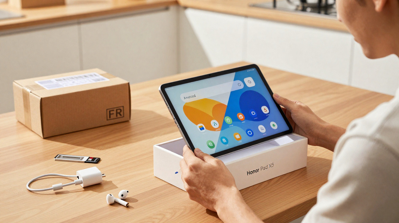 Pessoa segurando um tablet Honor Pad X6 recém retirado da caixa sobre mesa de madeira.