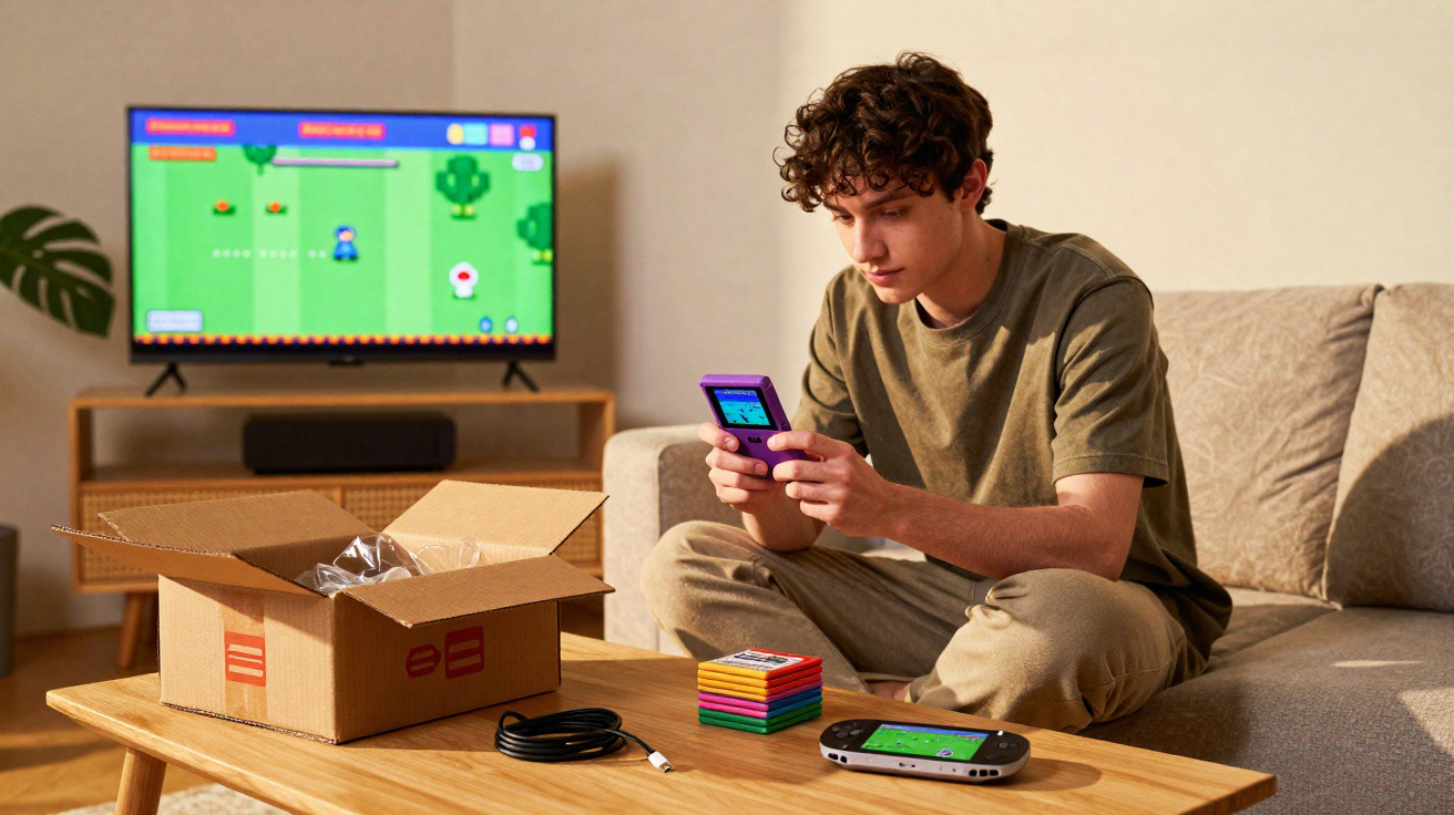 Jovem sentado no sofá jogando com console portátil antigo, TV com jogo ao fundo e caixa aberta na mesa.