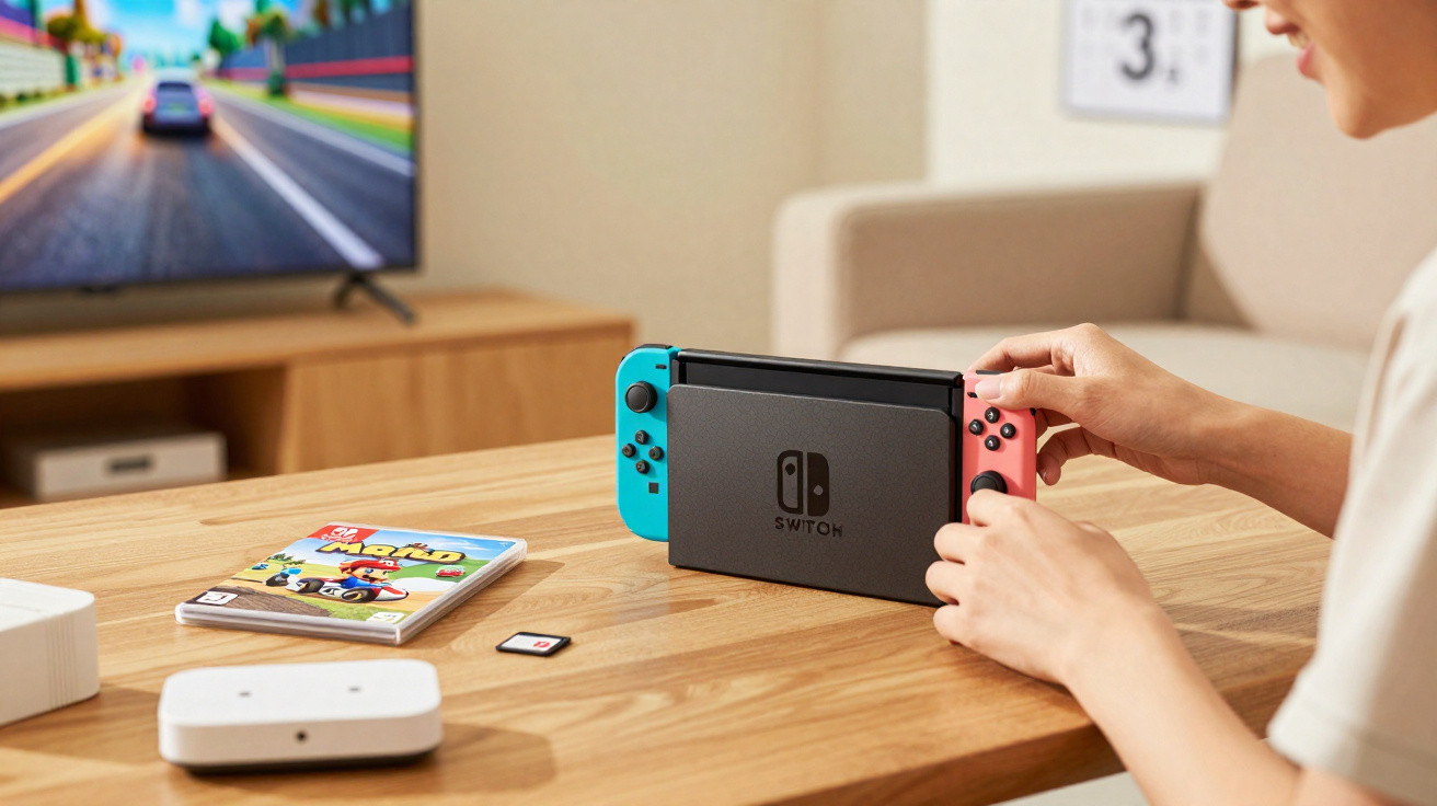 Pessoa segurando controle de console Nintendo Switch em mesa com jogo e TV ao fundo.