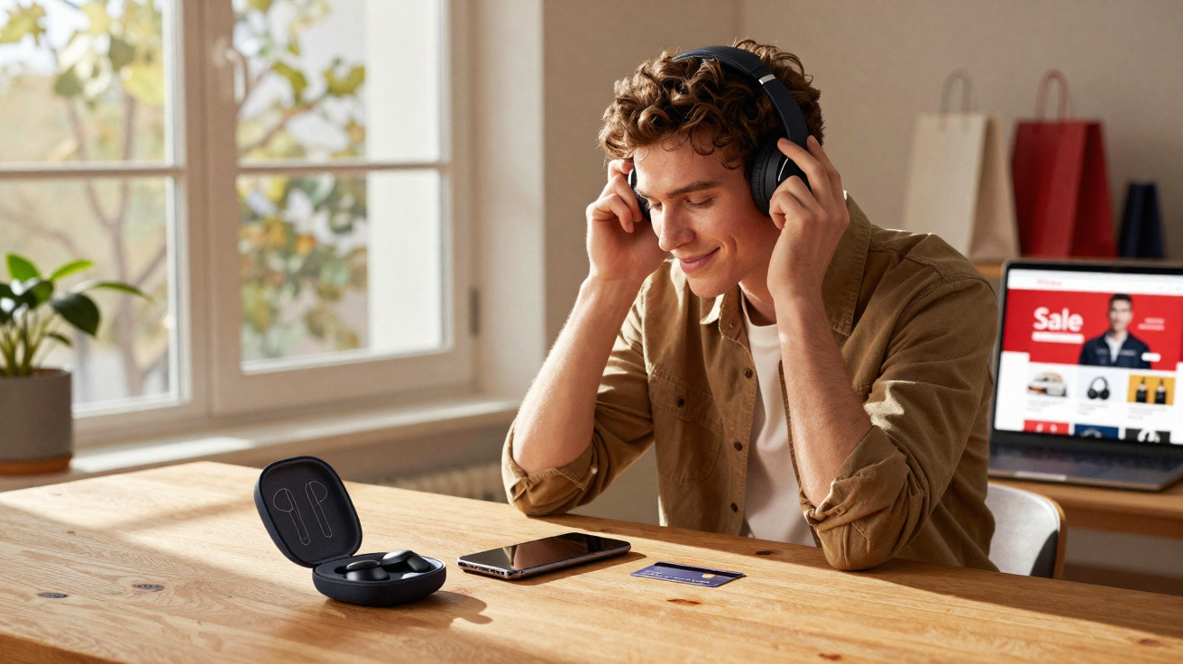 Jovem usando fones de ouvido sem fio em mesa com celular, cartão e estojo de fones, laptop ao fundo.