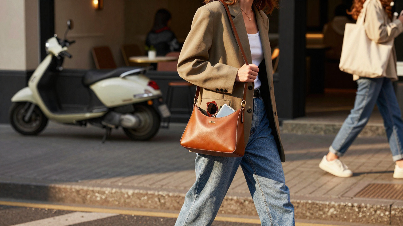 Pessoa caminhando na rua com calça jeans, blazer bege e bolsa marrom com óculos e celular.