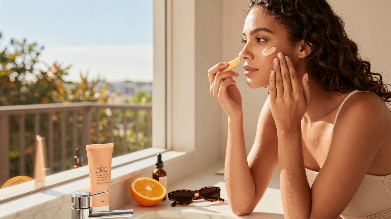 Mulher aplicando base facial em ambiente iluminado, com produtos de beleza na bancada ao lado.