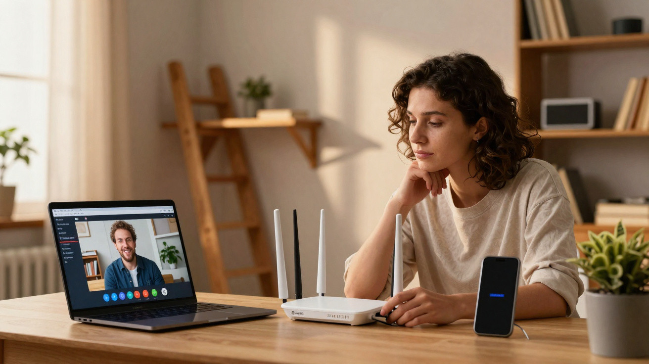 Mulher sentada à mesa com laptop em videochamada, roteador e celular carregando no ambiente doméstico.
