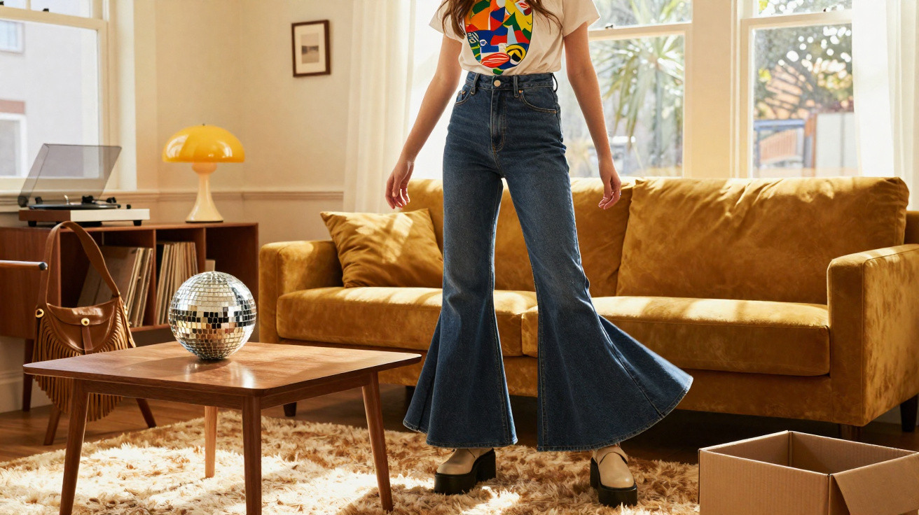 Pessoa em jeans flare e camiseta branca em sala com sofá mostarda, tapete peludo e bola de discoteca sobre mesa de madeira.