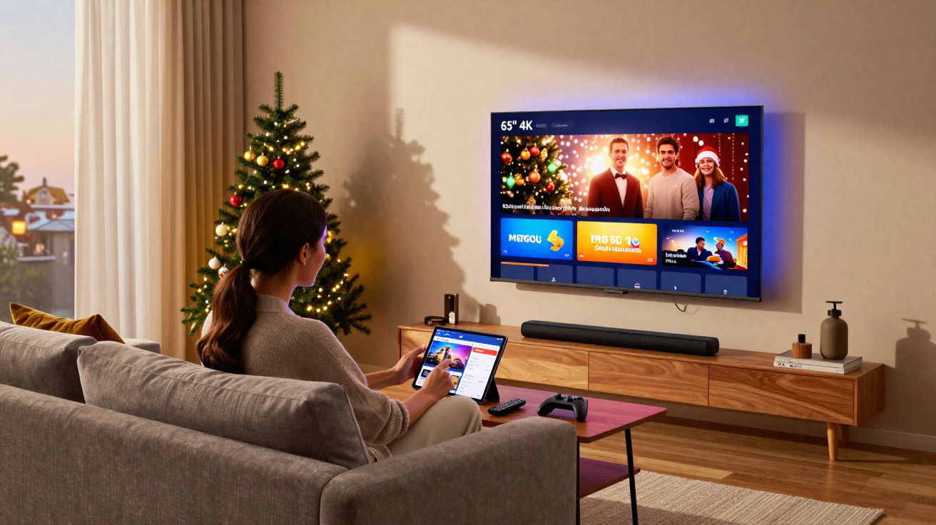Mulher sentada no sofá usa tablet em sala com árvore de Natal e TV ligada na parede.