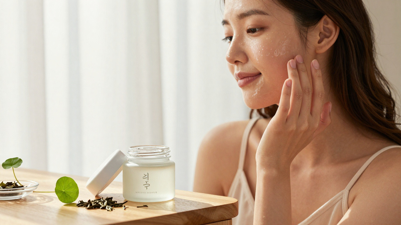 Mulher aplicando creme facial ao lado de pote de creme em mesa de madeira com folhas verdes.