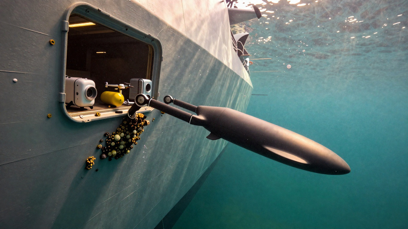 Parte de um submarino com uma sonda externa saindo da embarcação submersa na água.