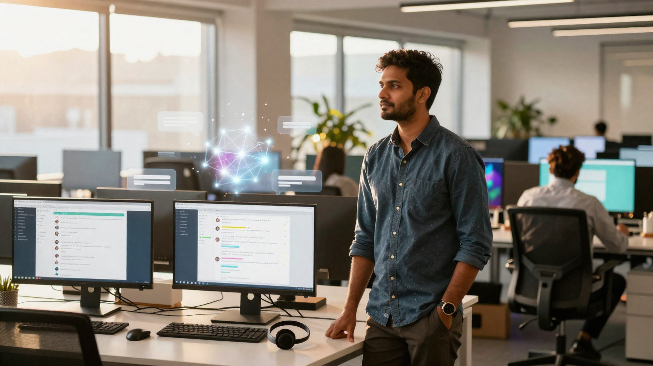 Homem em escritório moderno com computadores e gráficos digitais flutuando ao redor.