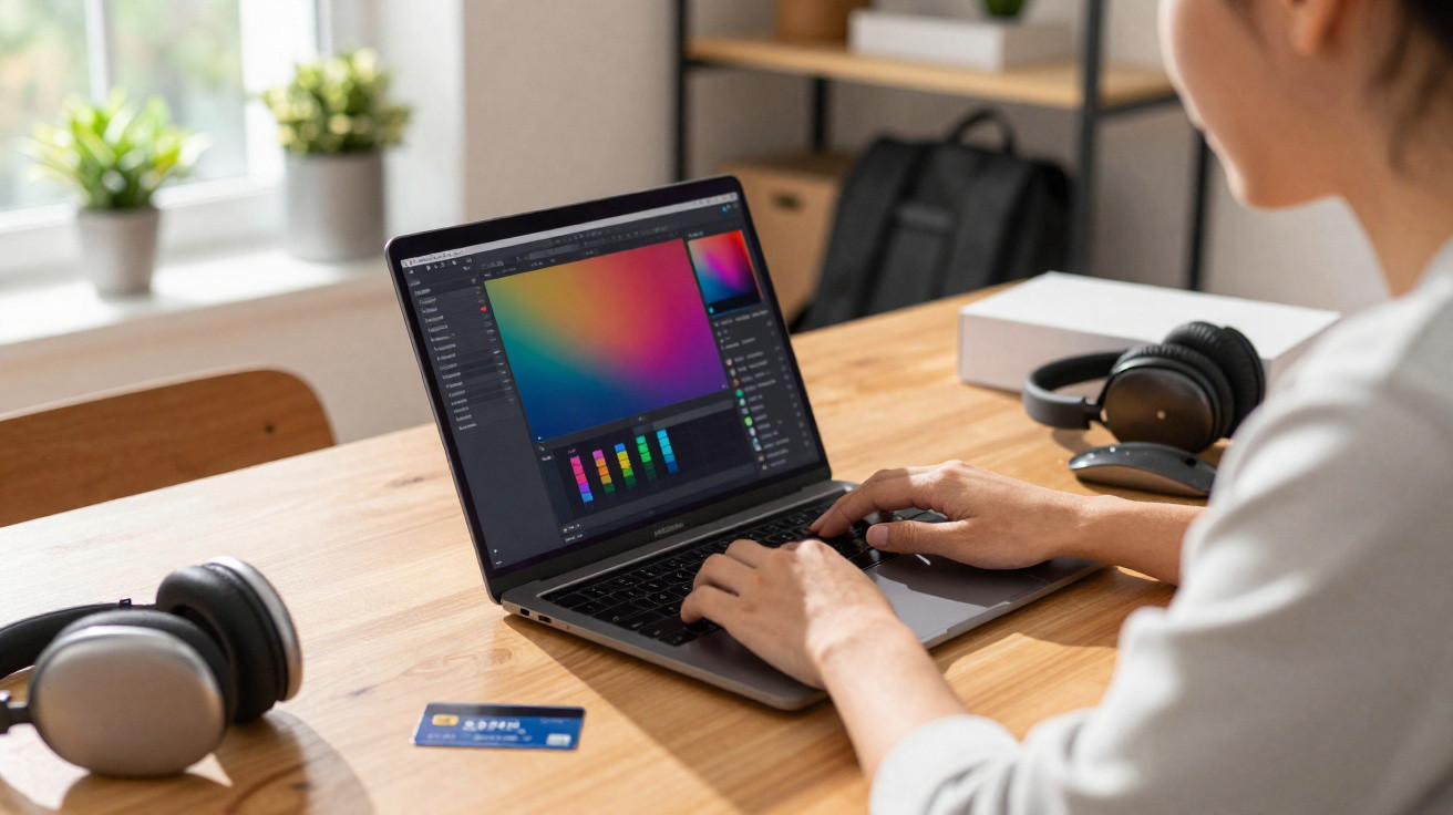 Pessoa trabalhando em edição de imagem no laptop com fones de ouvido e cartão à mesa de madeira.