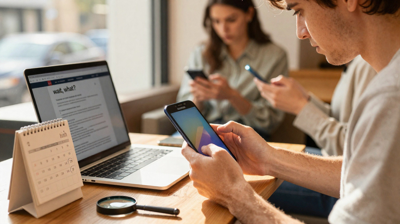 Jovens sentados em mesa com notebook, celular, calendário e lupa, focados em seus aparelhos.