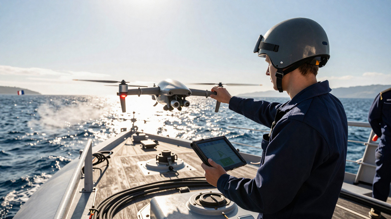 Marinheiro operando drone com tablet no convés de um barco em mar aberto ensolarado.