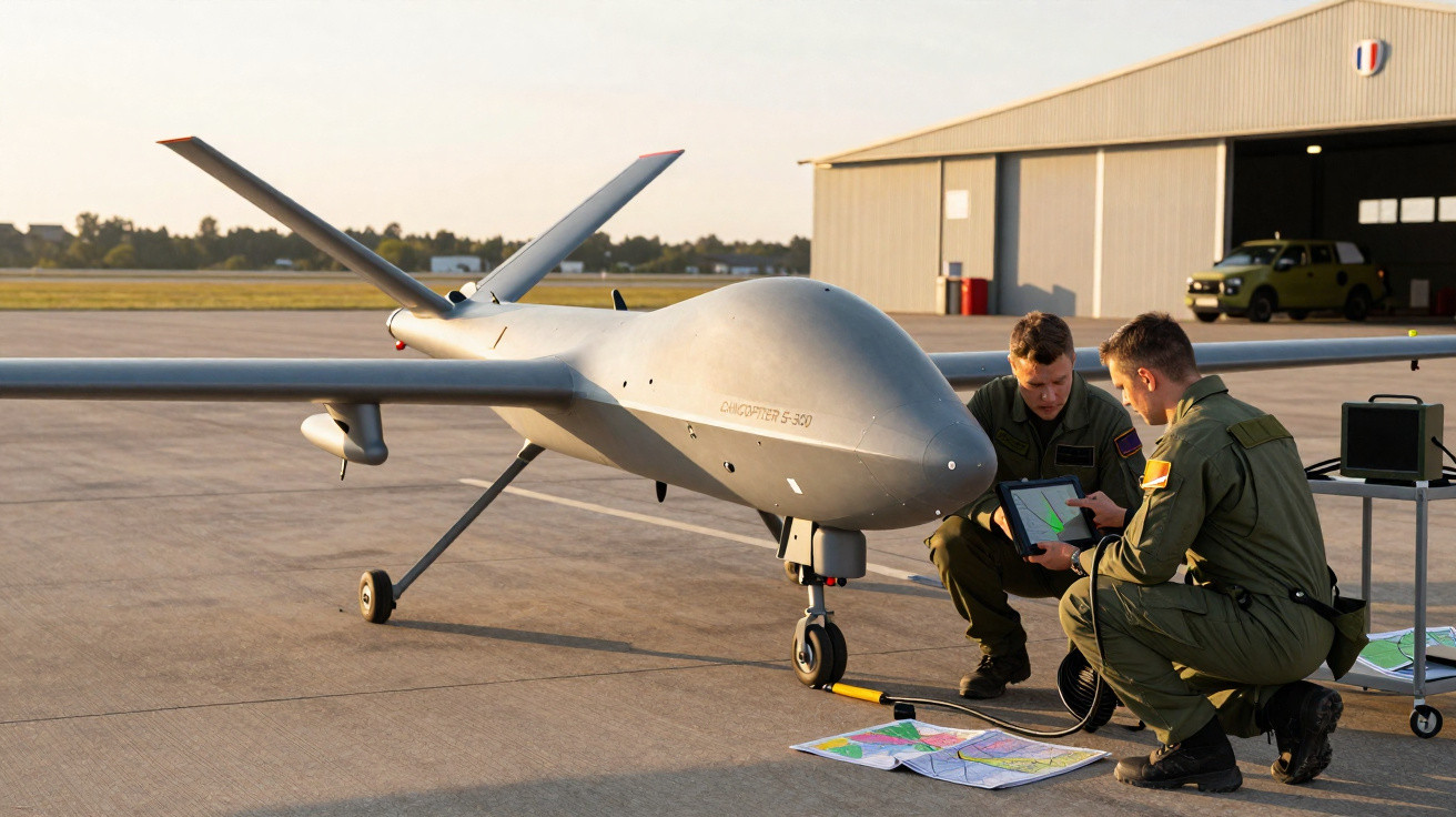 Drone militar cinza estacionado no solo com dois militares analisando mapas e dados em um tablet.