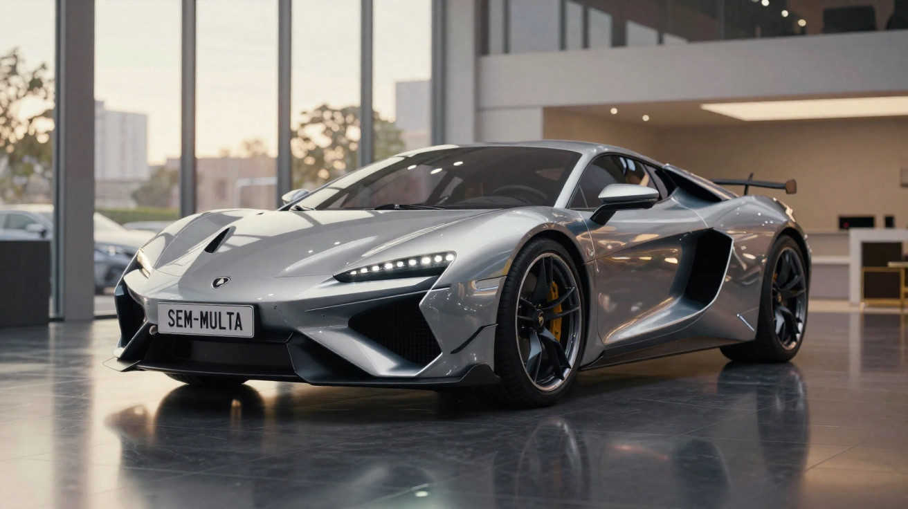 Carro esportivo prata com placa personalizada "SEM-MULTA" em salão moderno com piso refletivo.