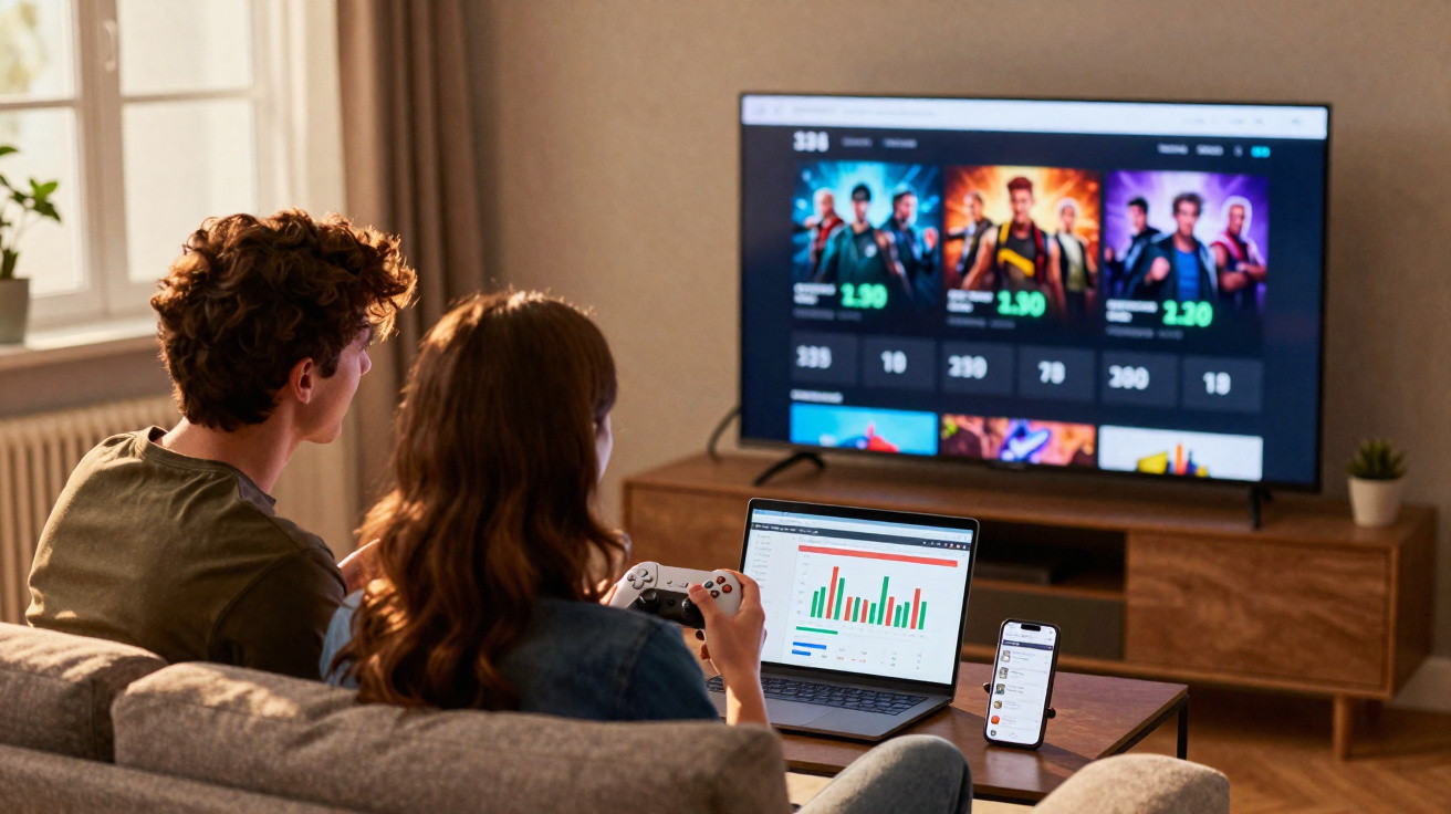 Casal sentado no sofá assistindo TV, mulher usando controle, laptop e celular na mesa de centro.