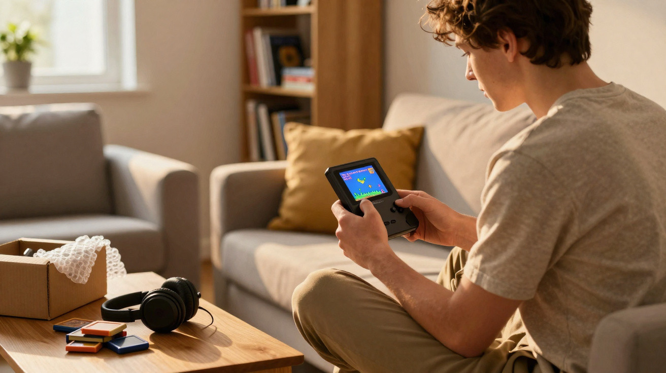 Jovem sentado no sofá jogando em console portátil em sala com fone de ouvido e cartuchos na mesa.