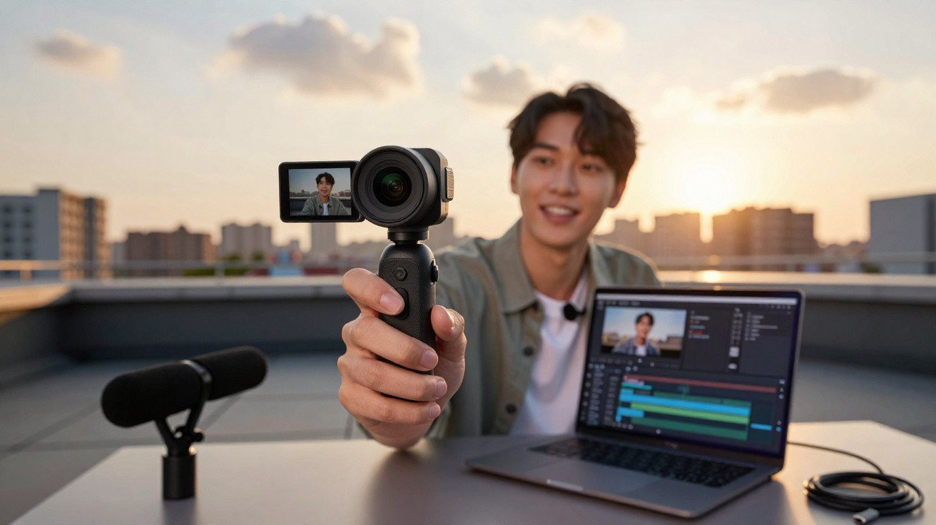 Jovem gravando vídeo com câmera portátil e edição em laptop ao pôr do sol em área externa urbana.