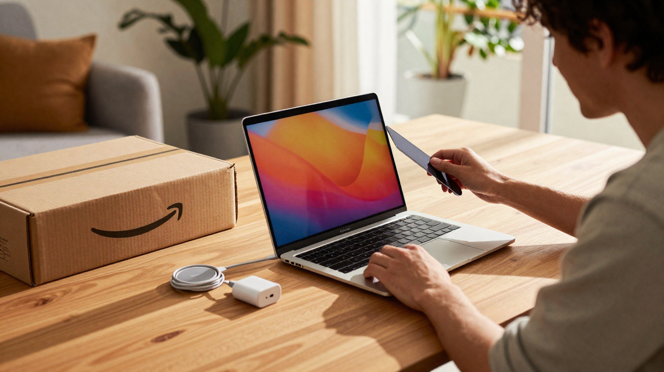Pessoa usando cartão de crédito perto de laptop em mesa com caixa, carregador e planta ao fundo.