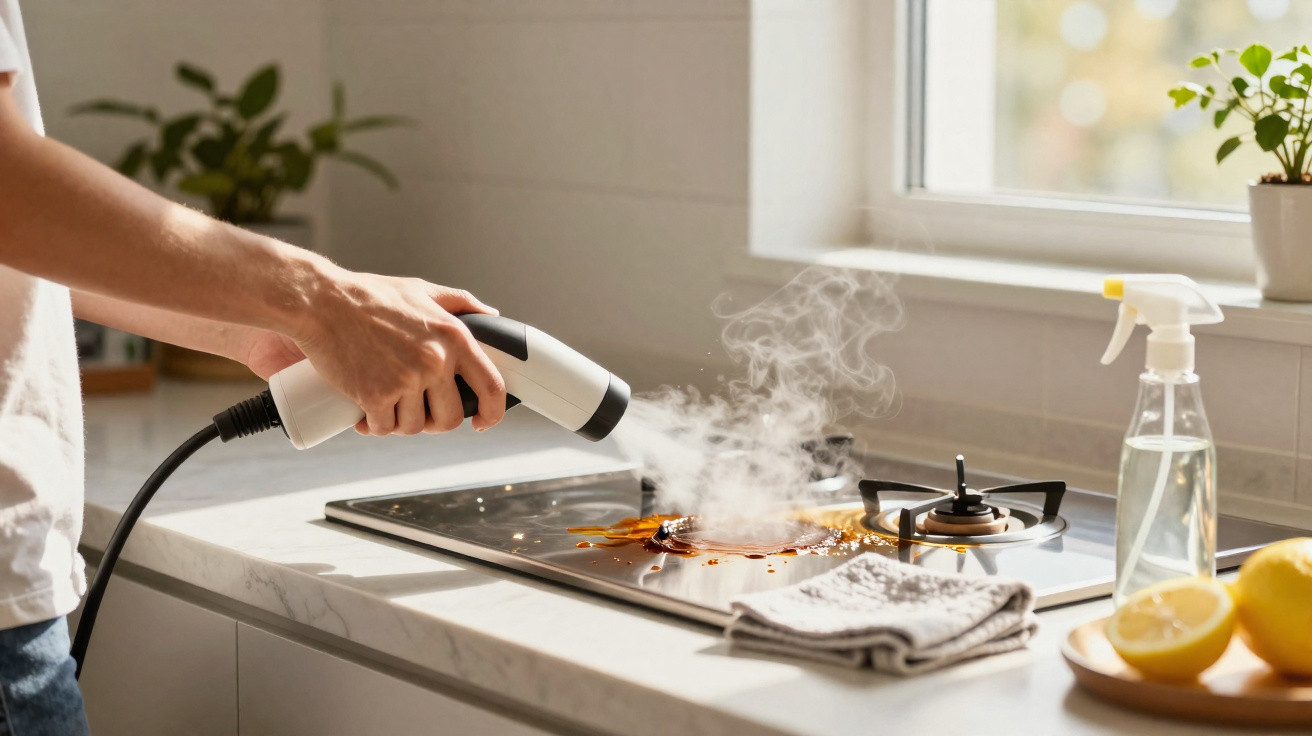 Pessoa usando limpador a vapor para limpar fogão com sujeira e vapor visível na cozinha iluminada.