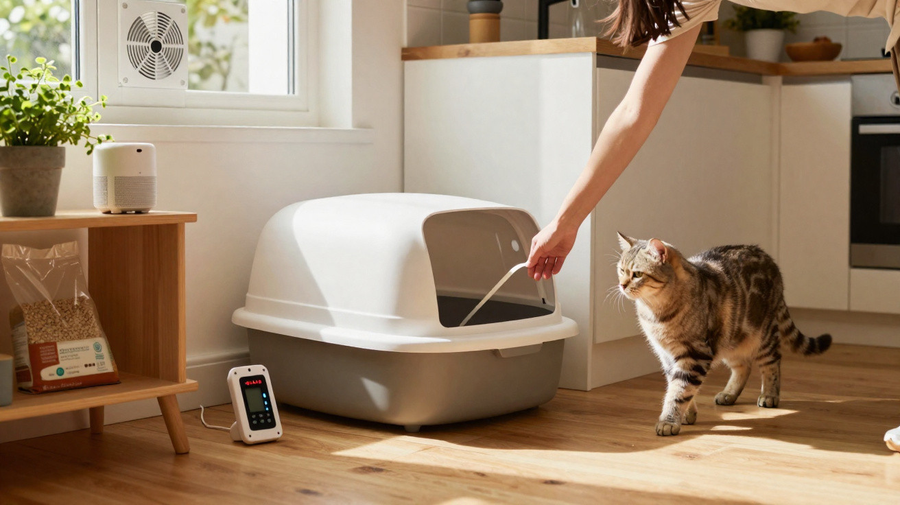 Pessoa interagindo com gato perto de caixa de areia coberta em cozinha iluminada pela luz natural.