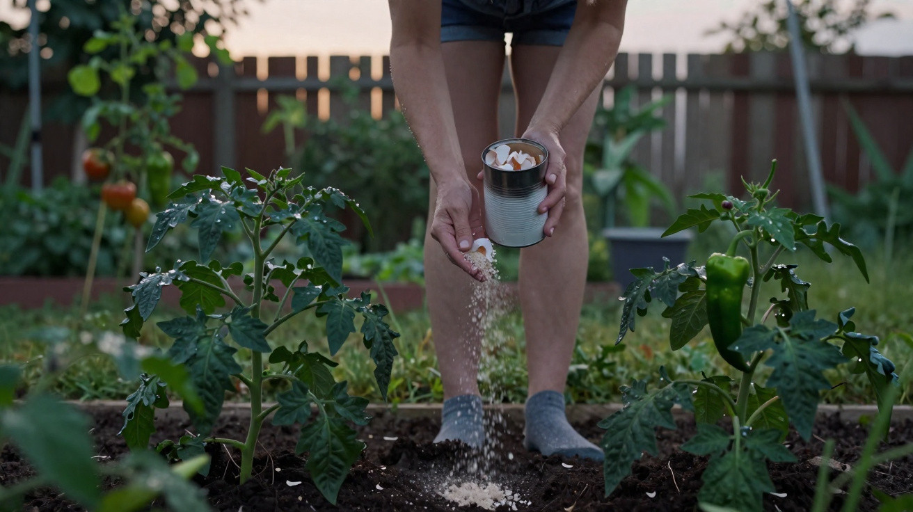 Pessoa aplicando fertilizante em plantas de tomate em um jardim caseiro ao entardecer.
