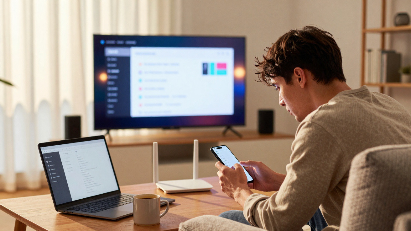 Homem sentado no sofá usando telefone com notebook, roteador e televisão ligados na sala.