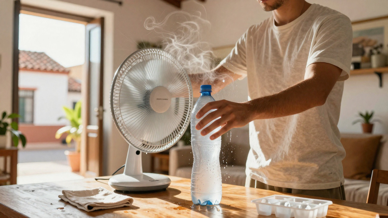 Homem segurando garrafa com água perto de ventilador e cubos de gelo em mesa de madeira em casa.