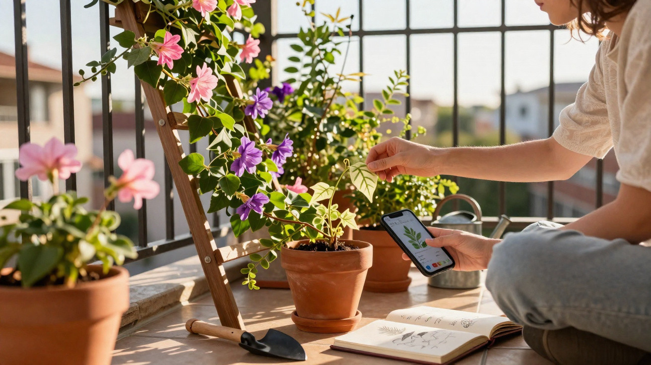 Pessoa cuidando de plantas em vaso na varanda, com celular e livro aberto ao lado.