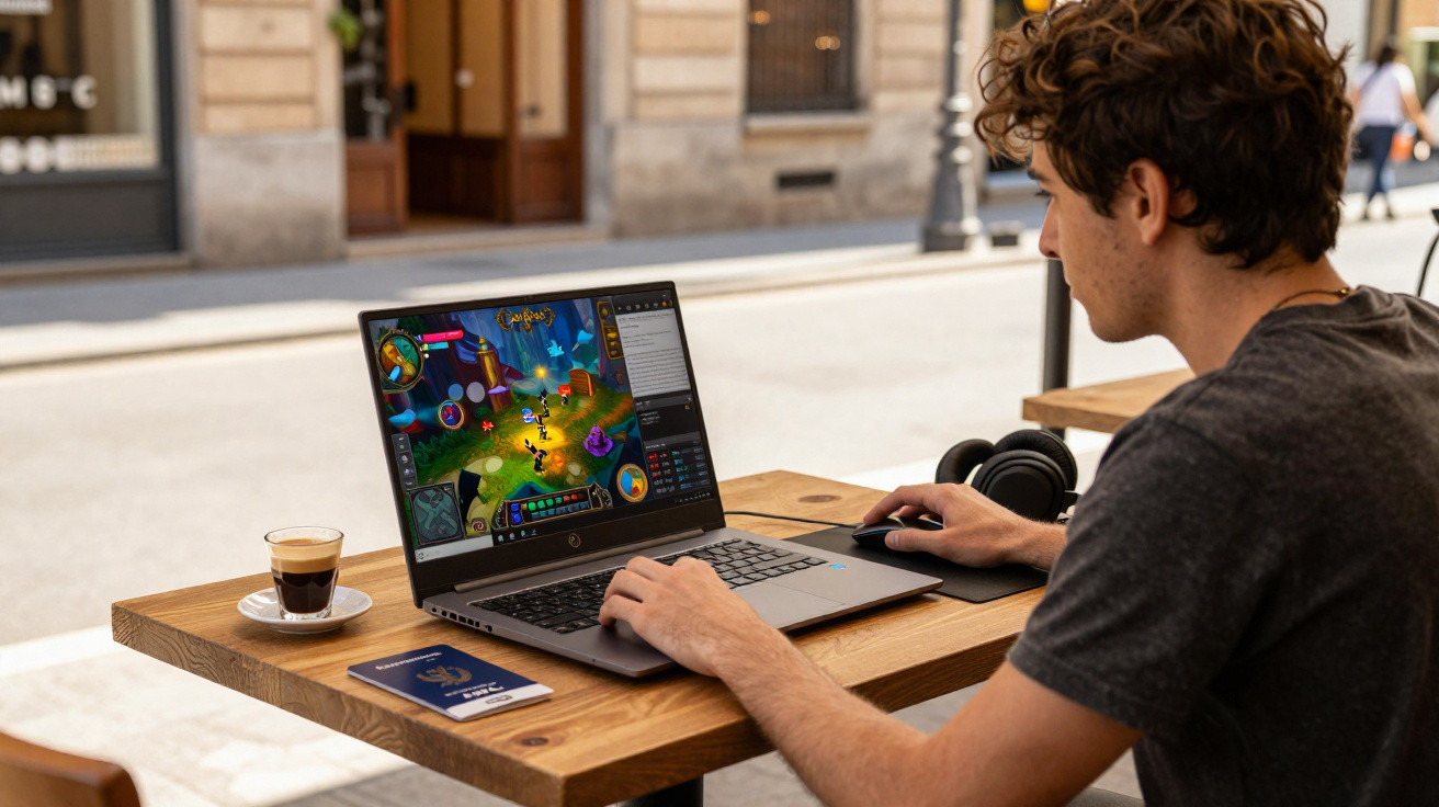 Jovem jogando videogame em notebook em mesa de café com mochilha, fones, cafe e passaporte.