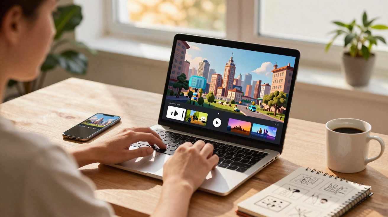 Pessoa usando laptop para editar vídeo com animação urbana, com celular, caderno e caneca de café na mesa.