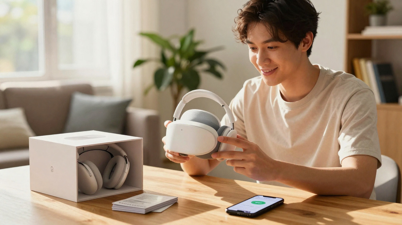 Jovem sorrindo segurando fones de ouvido brancos, com caixa e celular na mesa em ambiente iluminado.