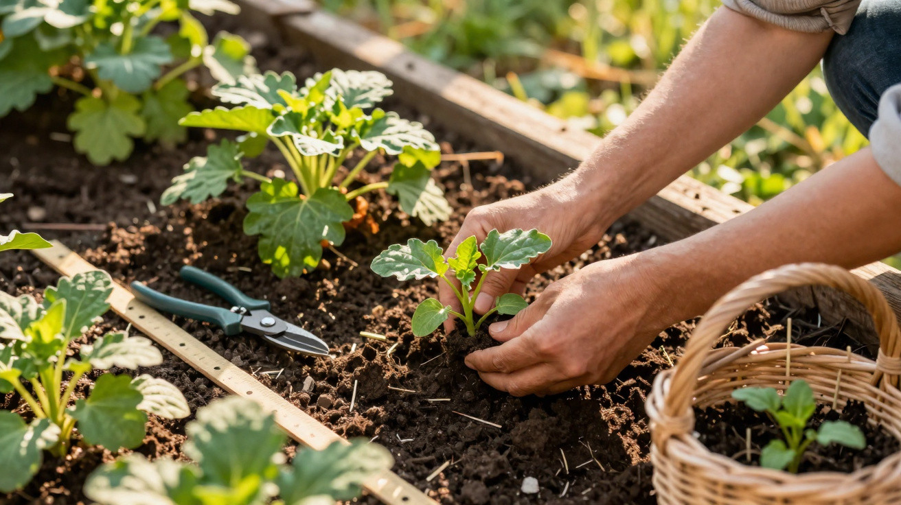 Mãos plantando muda em canteiro de terra com tesoura de jardinagem e cesta ao lado.