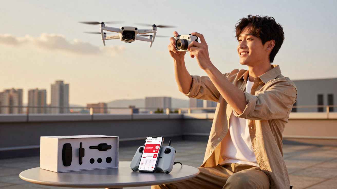 Jovem com controle remoto pilotando drone branco ao ar livre no final da tarde em área urbana.