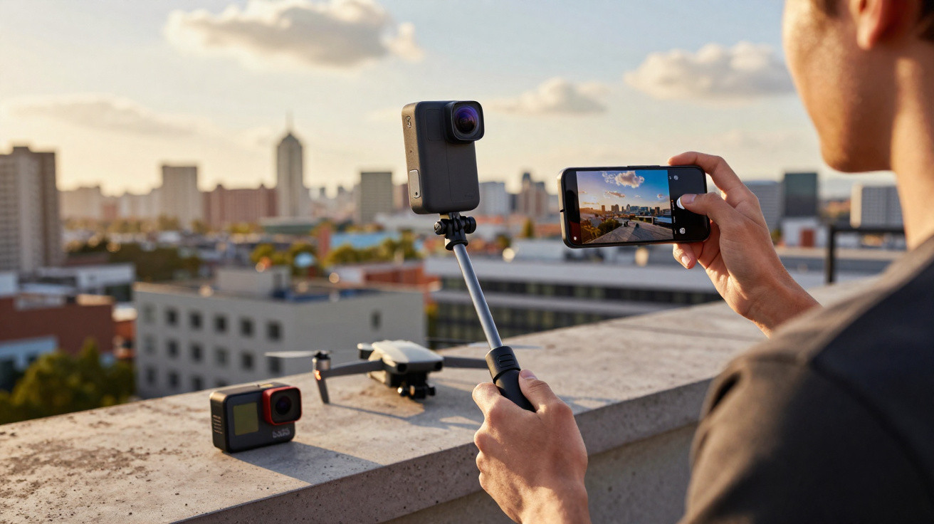 Pessoa segurando celular e controle de câmera em tripé, com drone e câmera de ação sobre muro na cidade.