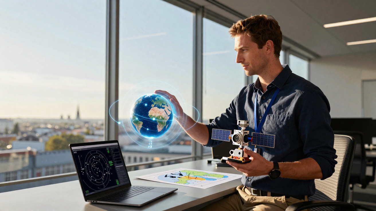 Homem em escritório segurando modelo de satélite e interagindo com holograma do planeta Terra.